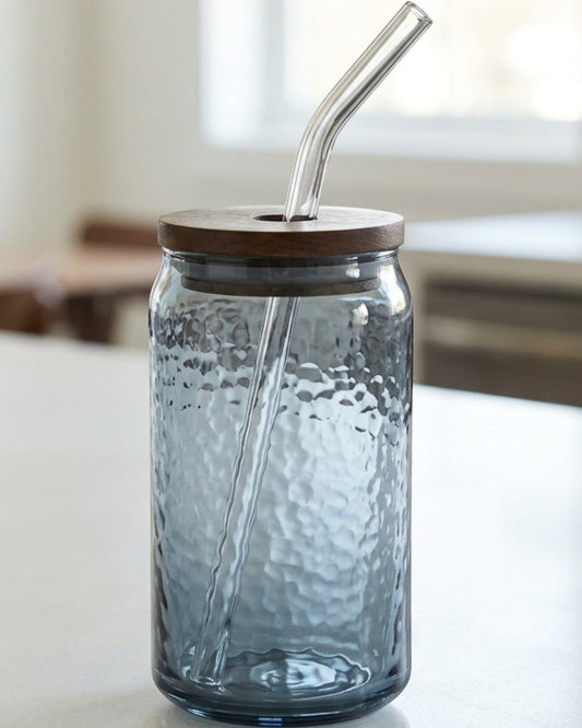 Hjfnp Can-Shaped Hammered Glass with Acacia Lid and Straw 16 oz Smoke Blue - Lifestyle view