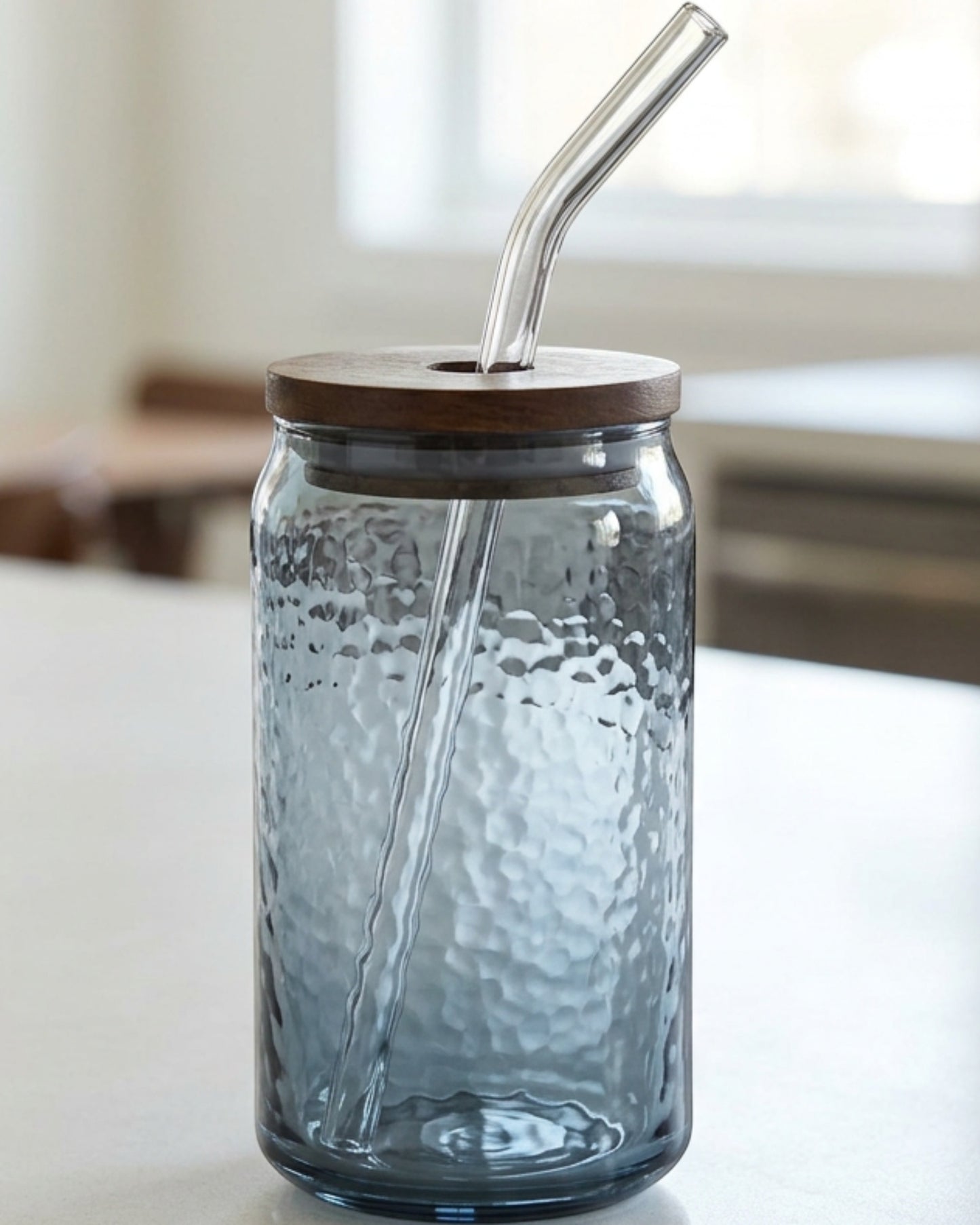 Hjfnp Can-Shaped Hammered Glass with Acacia Lid and Straw 16 oz Smoke Blue - Lifestyle view