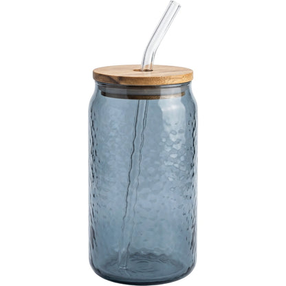 Hjfnp Can-Shaped Hammered Glass with Acacia Lid and Straw 16 oz Smoke Blue - Product view