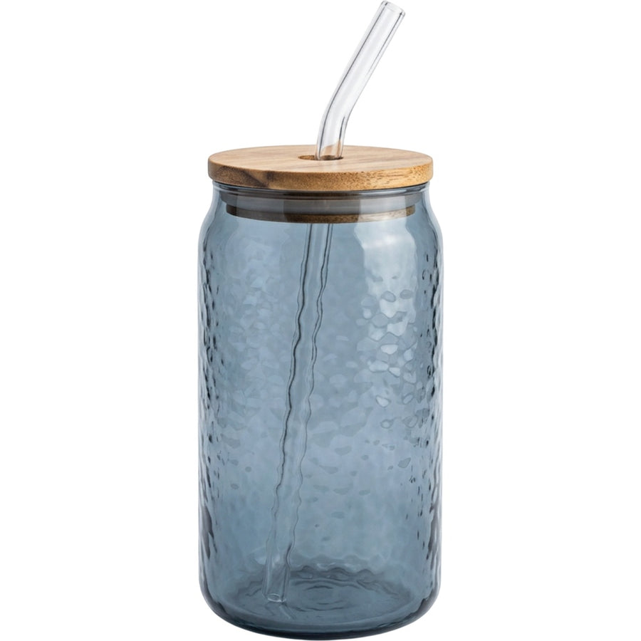 Hjfnp Can-Shaped Hammered Glass with Acacia Lid and Straw 16 oz Smoke Blue