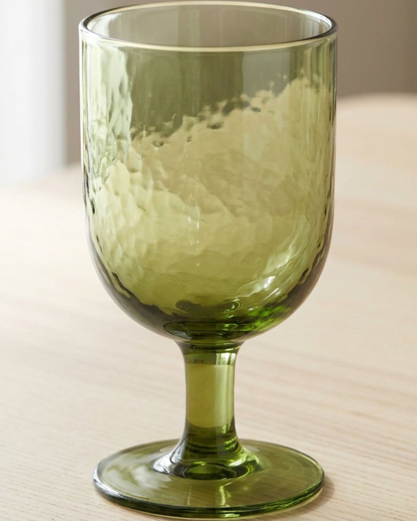 Hjfnp Short-Stem Hammered Water Goblet 13 oz Moss Green - Lifestyle view